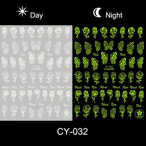 Glow-in-the-dark nail stickers with rose and butterfly patterns in day and night view