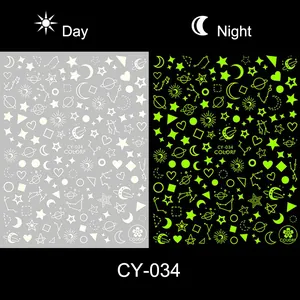 Luminous nail sticker CY-034 showing day and night glow effect with star and moon patterns