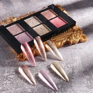6-color solid mirror nail powder palette with metallic rose gold and silver chrome finish