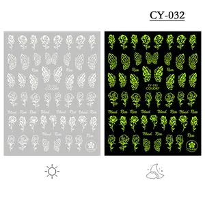 Luminous nail stickers with rose and butterfly patterns showing day and night glow effect
