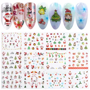 Detail view of 12-piece Christmas nail art stickers set with snowman and tree patterns
