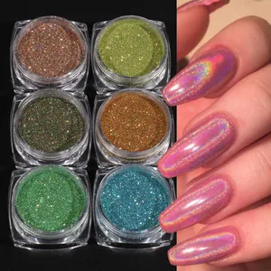 Laser holographic nail glitter powder set with 6 colors and rainbow chrome manicure effect