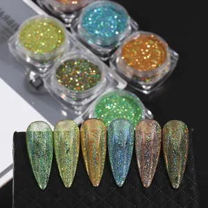 Detailed view of 6-color laser holographic nail glitter powder set in round clear jars