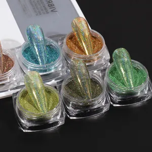 Set of holographic nail glitters in jars with rainbow laser finish sample tips