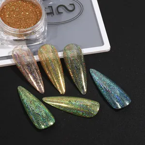 Detailed view of holographic nail powder swatches in diverse iridescent metallic colors