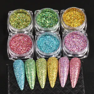 6-color set of laser nail glitter powder in clear jars for shiny winter manicure art