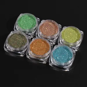 Set of 6 colorful laser nail glitter jars in vibrant shades with metallic finish on black background