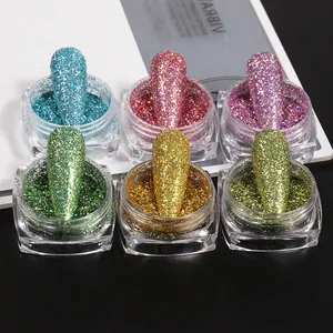 Macro detail of six-color laser nail glitter powder set with reflective diamond shine