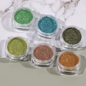 Detailed close-up of six-color laser glitter powder set for nail art and DIY decor
