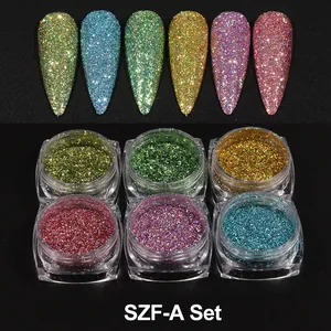 Detail of 6-color nail glitter powder set showing fine laser shimmer on pointed tips