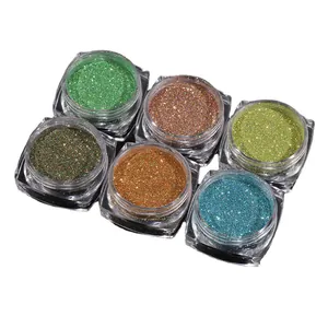 Set of 6 nail glitter powders in vibrant holographic colors on a clean white background
