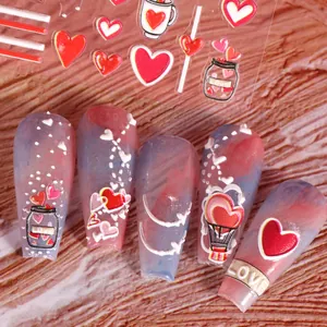 5D embossed Valentine nail stickers featuring red hearts and hot air balloons on nails