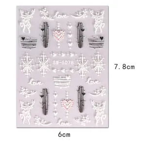 5D embossed heart nail stickers with textured flower and love designs, SW-5D78