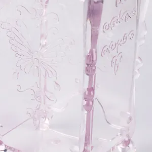 Dettaglio macro della scatola in acrilico rosa trasparente con rilievo a farfalla e logo