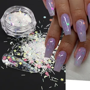 Iridescent star and moon nail art sequins kit with laser glitter effects in a round jar