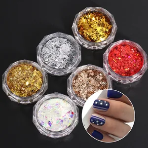 Detail of 6-color star nail sequins set in hexagonal pots for sparkly manicure designs