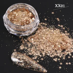 Detailed view of gold star nail glitters and metallic powder in a clear jar