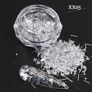 Holographic silver nail glitter with laser stars and irregular flakes in a round jar