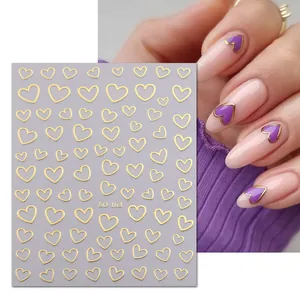 3D gold heart nail stickers with metallic line art patterns on purple base, model SO-163