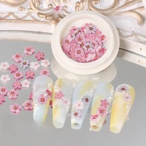 Macro detail of cherry blossom nail art charms with thin wood pulp flower stickers