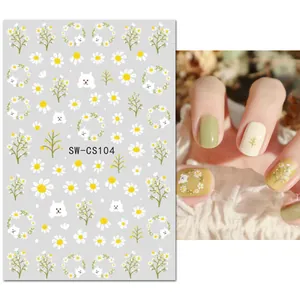 Autocollants nail art chat de dessin animé et marguerite verte SW-CS104 pour l'été