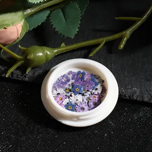 Macro shot of purple and blue floral nail art wood pulp flakes in a white container