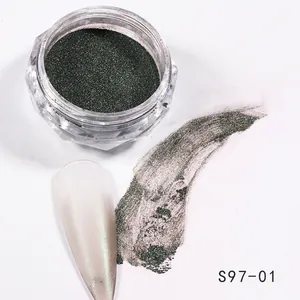 Macro shot of dark green metallic chrome nail powder S97-01 with shiny gradient finish