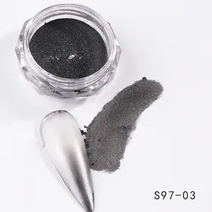 Metallic dark gray nail mirror powder with glossy gradient effect on fake nails
