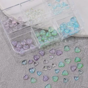 Glitter resin heart nail art charms set with colorful aurora sparkles in storage box