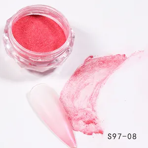 Macro view of metallic rose pink chrome nail powder in jar with gradient sample display