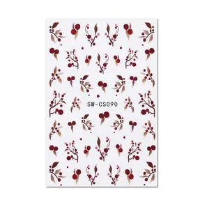 Stickers à ongles d'été avec baies rouges et feuilles vertes sur fond blanc