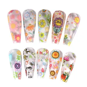 Set de 10 faux ongles trapèze longs avec motifs de fleurs et animaux de dessin animé