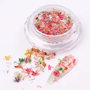 Mixed dried flower flakes for nail art in clear jar for floral manicures and decorations