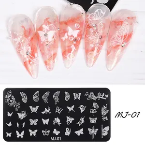 Detail of MJ-01 nail stamping plate featuring butterfly and floral patterns for manicure
