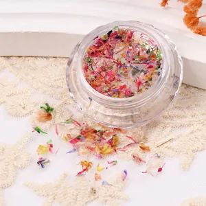 Macro detail of colorful dried flower petals for nail art in a clear textured jar