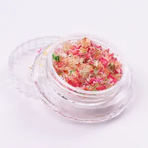 Detailed macro view of colorful dried flower petals inside a clear faceted jar for nail art