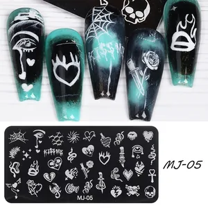Macro detail of MJ-05 nail stamping plate with gothic skulls and web patterns