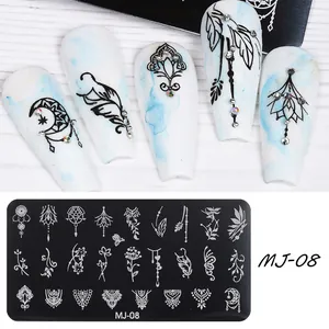 Macro detail of MJ-08 nail stamping plate with bohemian patterns and finished nail art designs