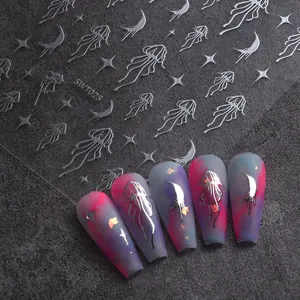 Autocollants Pour Ongles 3D Métalliques Méduse Étoile Lune Argent Holographique Aurore Relief Décalcomanies Pour Manucure