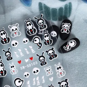 Adesivi per unghie 5D Halloween con motivi 3D di teschi, panda e cuori in rilievo