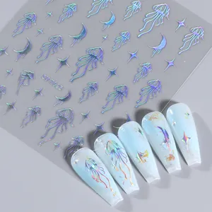 Autocollants holographiques pour ongles avec motifs de méduses et d'étoiles argentées