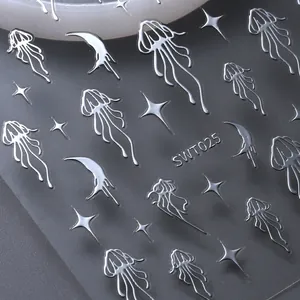 Stickers ongles 5D argentés avec motifs de méduses, croissant de lune et étoiles croisées