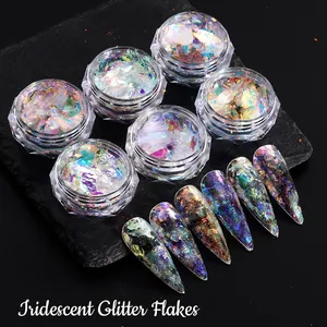 6-color set of iridescent nail glitter flakes with holographic effects on black stone