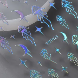Macro d'autocollants à ongles laser argentés avec motifs de méduses, étoiles et lunes