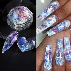 Iridescent aurora nail powder with polar gradient effect in a clear professional jar