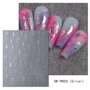 Détails d'autocollants 3D argentés pour ongles avec motifs méduse, lune et étoiles