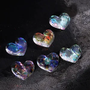 Set of six iridescent heart resin nail art charms with aurora rainbow foil effect