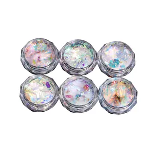 6-pack iridescent aurora nail powder jars with shimmering laser holographic glitters