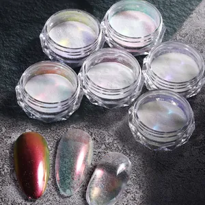 6er-Set Aurora-Nagelpuder in Klarsichttöpfen mit metallisch schillernden Farbmustern