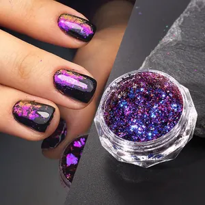 Irregular chameleon nail glitter flakes with holographic laser aurora effect in a jar